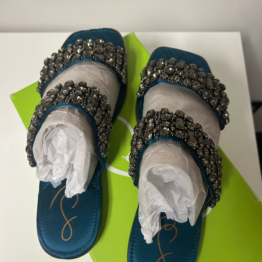 Sam Edelman Embellished Slide Sandals Teal Rhinestone Size 5 NEW